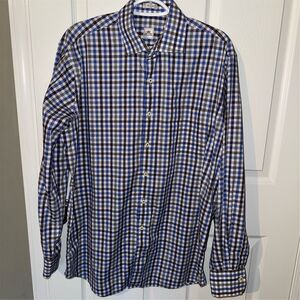 Peter Millar Men's Cotton Blue Brown Checkered Long Sleeve Dress Shirt Size L
